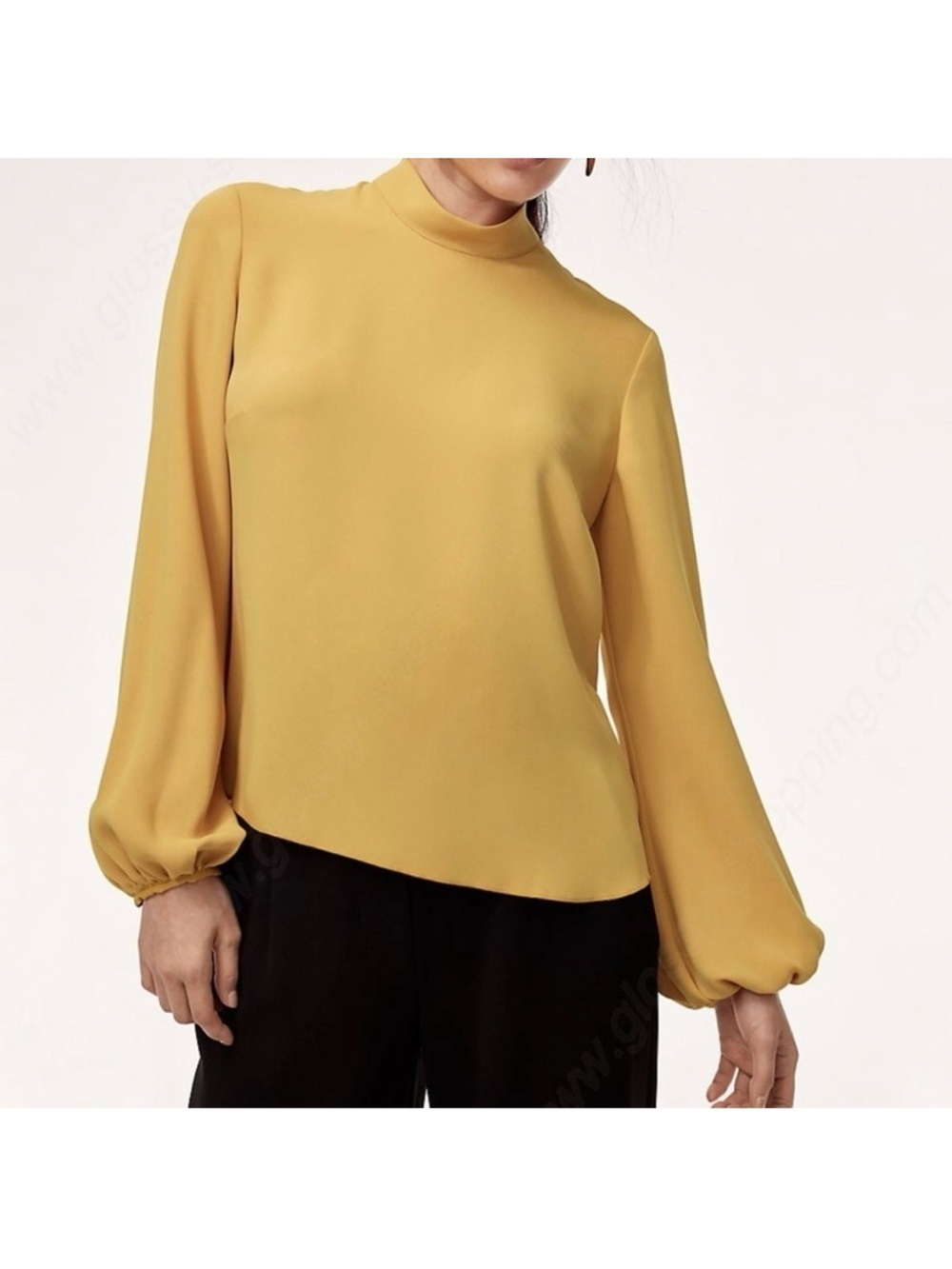 Babaton Granados Blouse Top Mockneck Balloon Sleeve Mustard Yellow NWOT